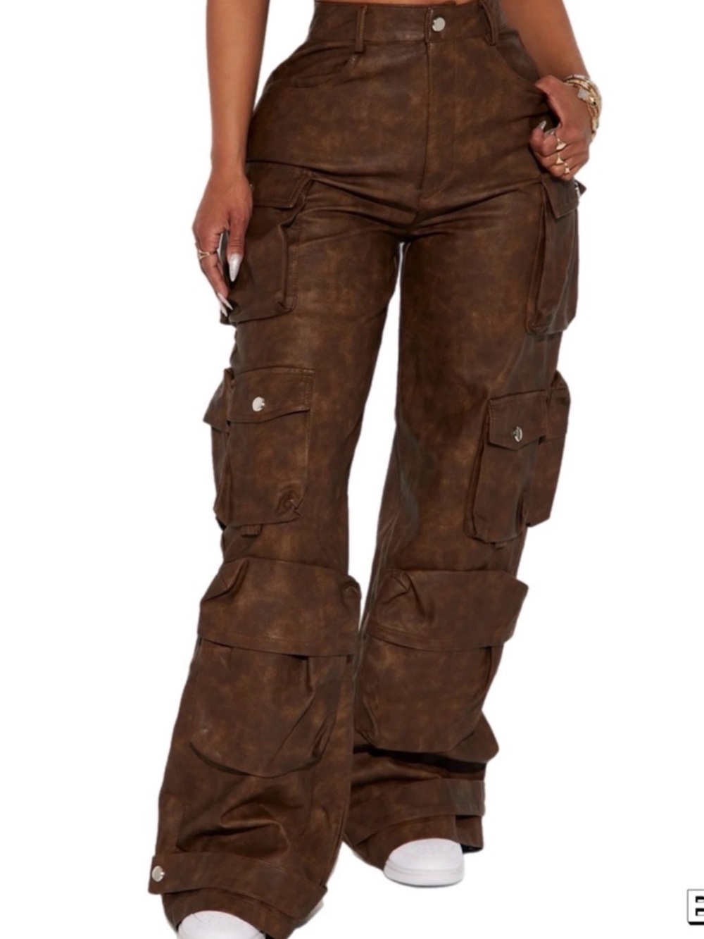 New Sz XL Weekend Warrior Wide Leg Washed Pu Leather Cargo Pant - Brown